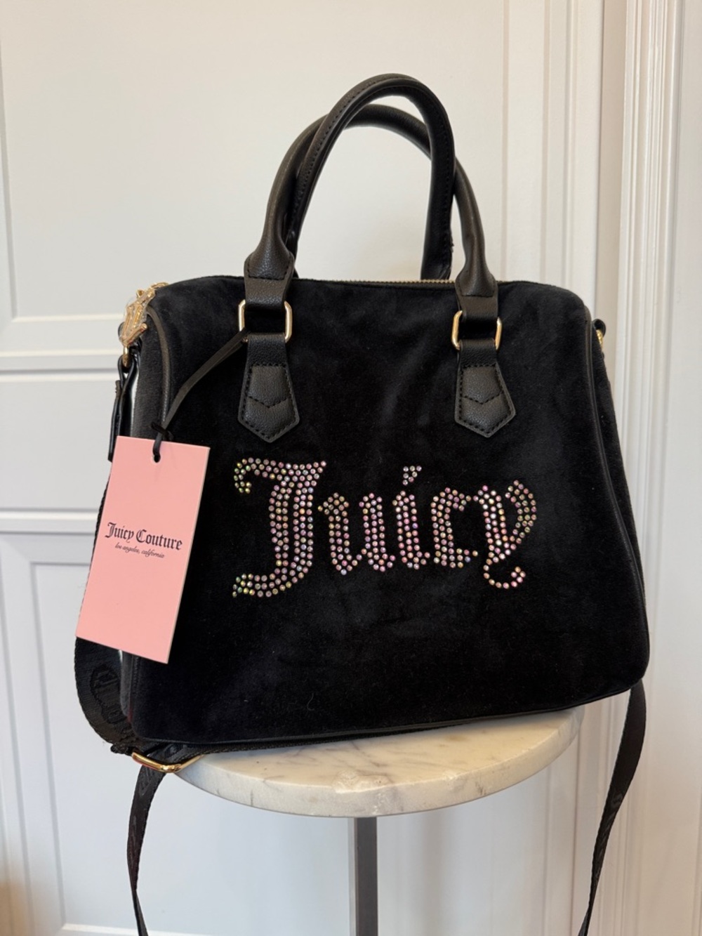 NWT JUICY COUTURE VELVET BLACK OBSESSION SATCHEL CRYSTAL BLING CROSSBODY